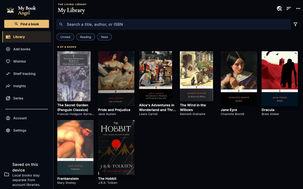 MyBookAngel 1.4.0 preview on Mac, showing a sample library with real book covers, search and reading filters