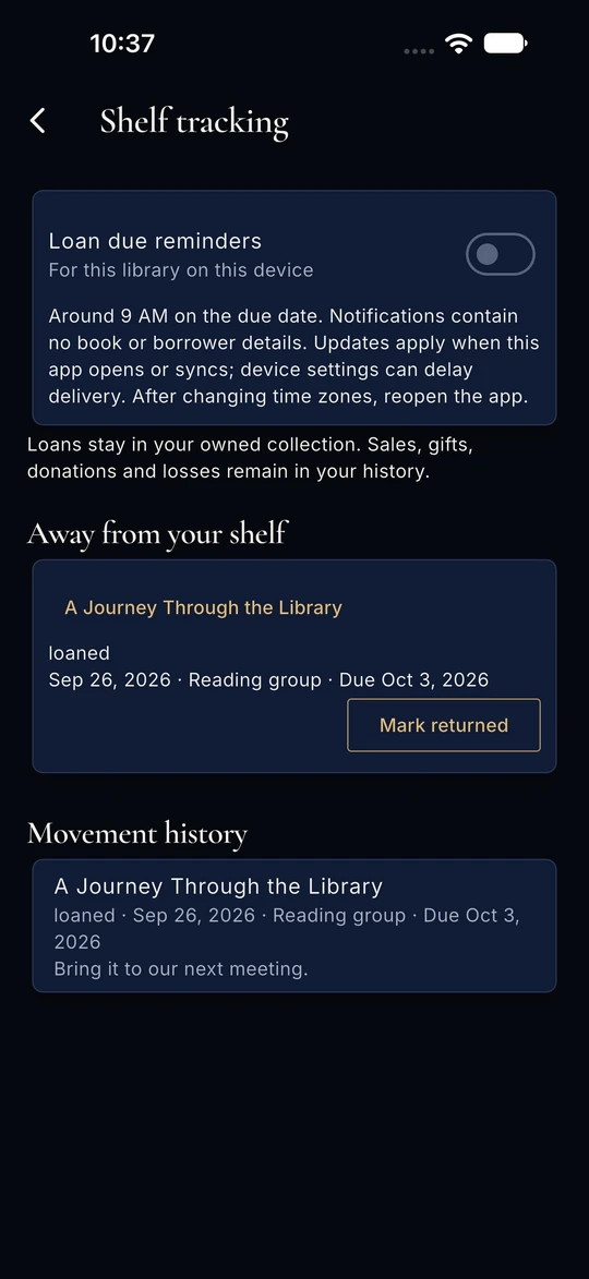 MyBookAngel 1.4.0 preview on iPhone with a sample loan, due date, return action, history and optional local reminders